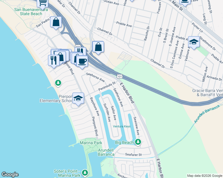 map of restaurants, bars, coffee shops, grocery stores, and more near 2623 Seahorse Avenue in Ventura