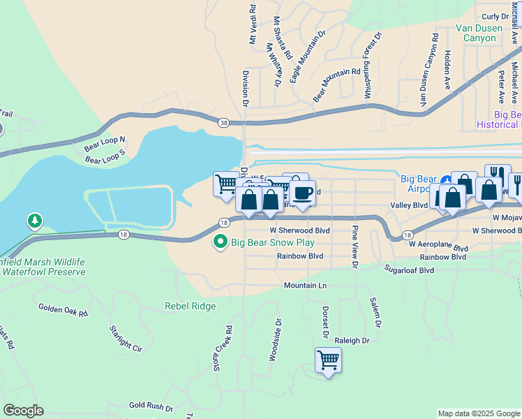 map of restaurants, bars, coffee shops, grocery stores, and more near 1120 West Aeroplane Boulevard in Big Bear
