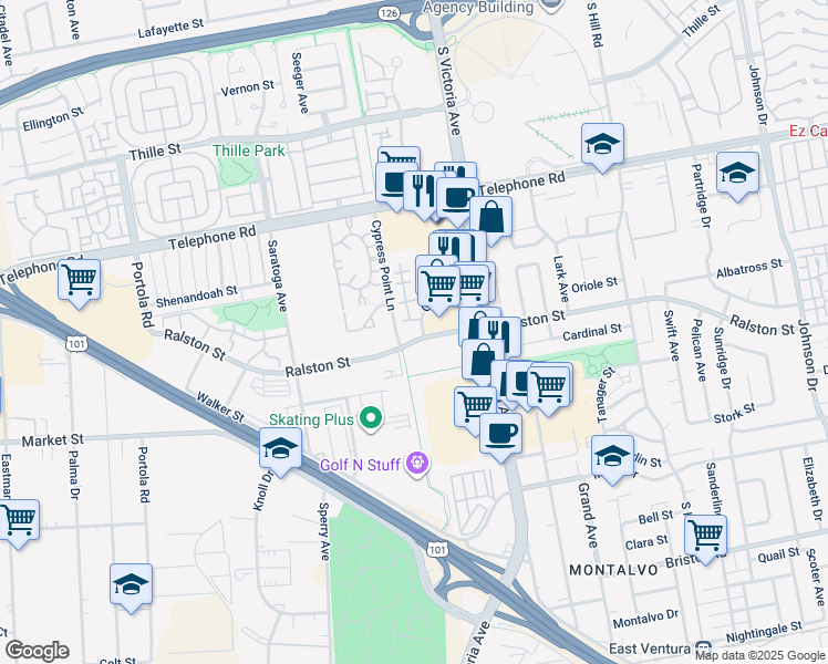 map of restaurants, bars, coffee shops, grocery stores, and more near 1466 San Simeon Court in Ventura