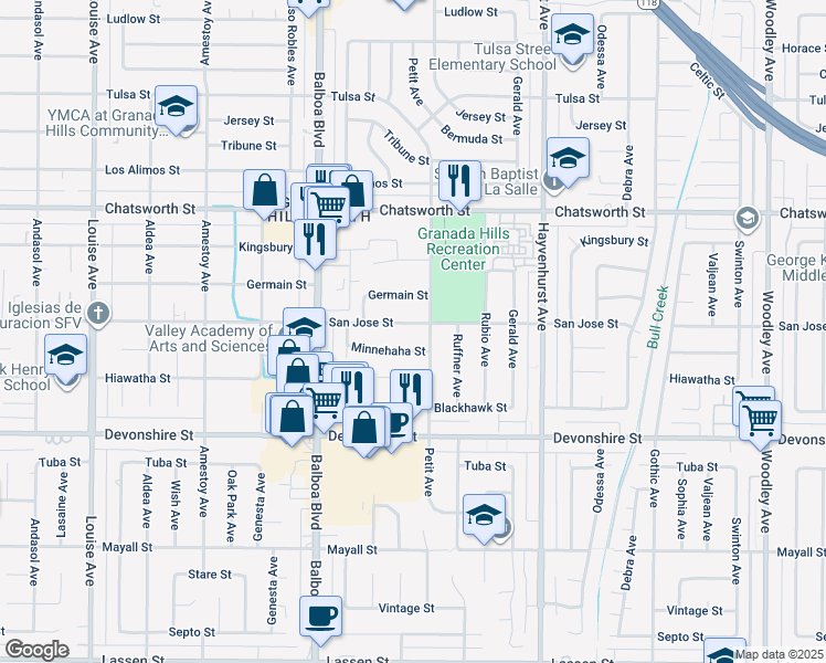 map of restaurants, bars, coffee shops, grocery stores, and more near 16816 San Jose Street in Los Angeles