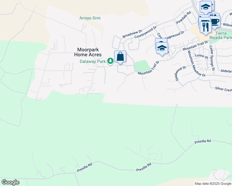 map of restaurants, bars, coffee shops, grocery stores, and more near 3808 Sunsetridge Road in Moorpark