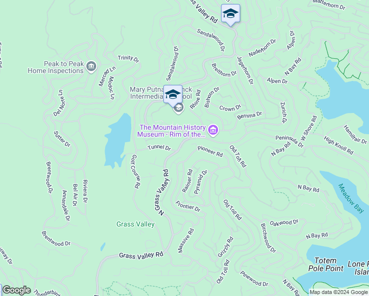 map of restaurants, bars, coffee shops, grocery stores, and more near 609 Grass Valley Road in Lake Arrowhead