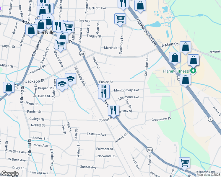 map of restaurants, bars, coffee shops, grocery stores, and more near 511 Eunice Street in Albertville