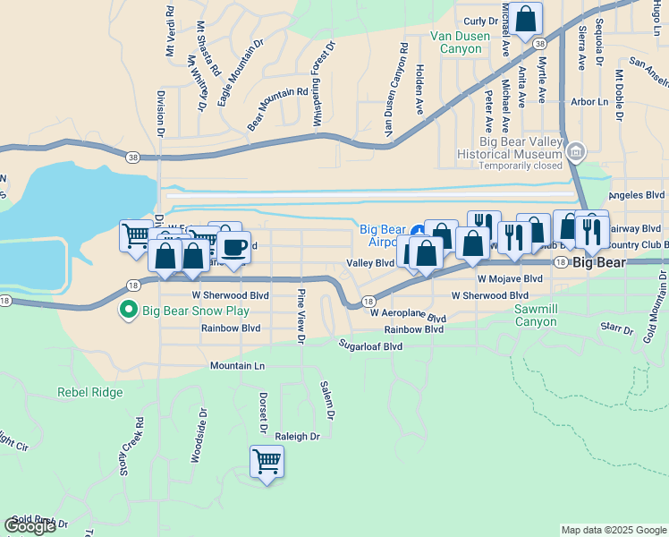 map of restaurants, bars, coffee shops, grocery stores, and more near 750 West Aeroplane Boulevard in Big Bear