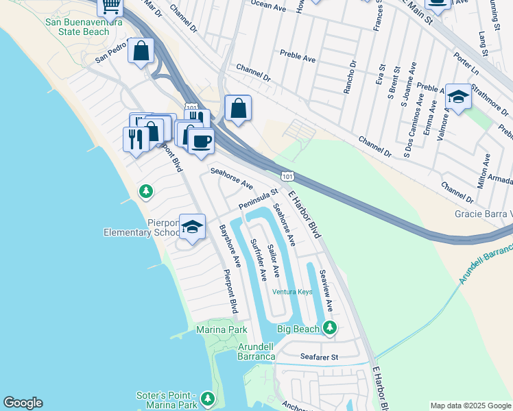 map of restaurants, bars, coffee shops, grocery stores, and more near 988 Peninsula Street in Ventura