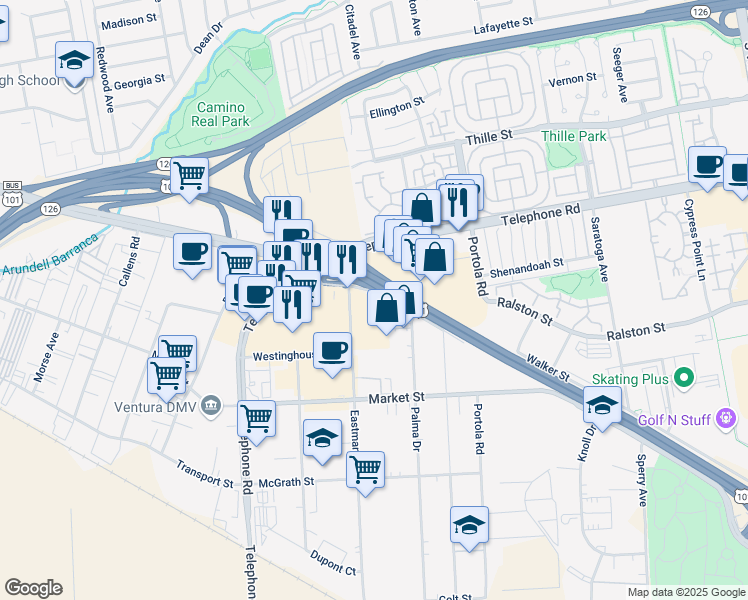 map of restaurants, bars, coffee shops, grocery stores, and more near 4830 Telephone Road in Ventura