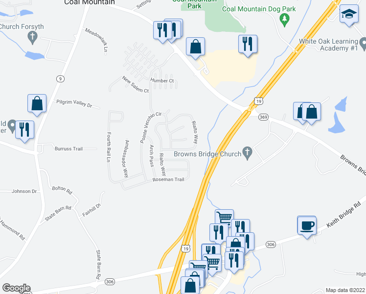 map of restaurants, bars, coffee shops, grocery stores, and more near 5740 Rialto Way in Cumming