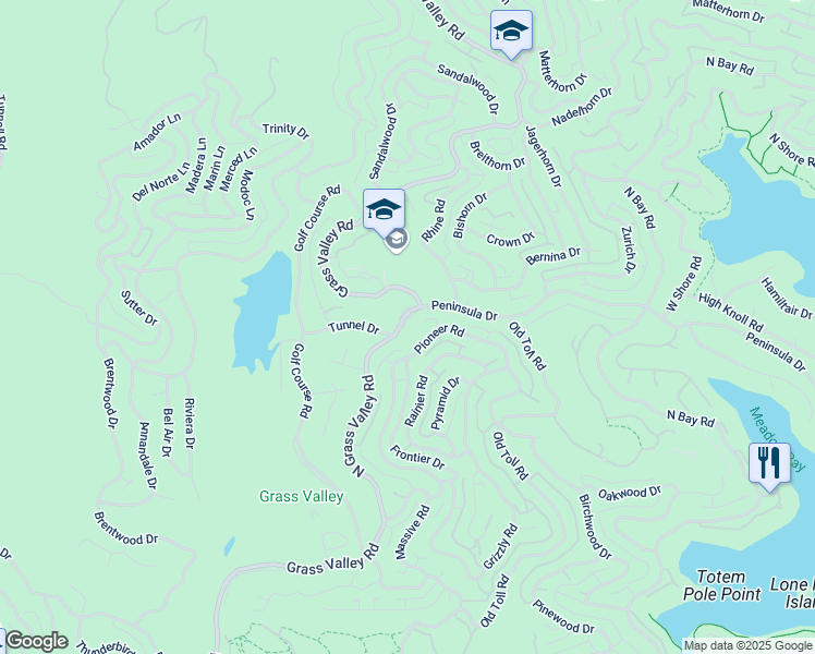 map of restaurants, bars, coffee shops, grocery stores, and more near 609 Grass Valley Road in Lake Arrowhead