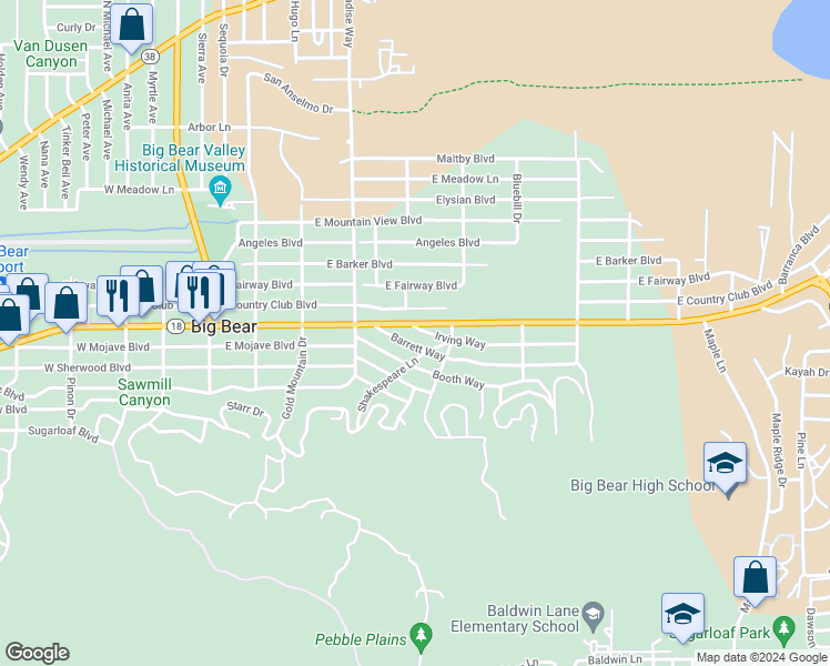 map of restaurants, bars, coffee shops, grocery stores, and more near 504 Irving Way in Big Bear