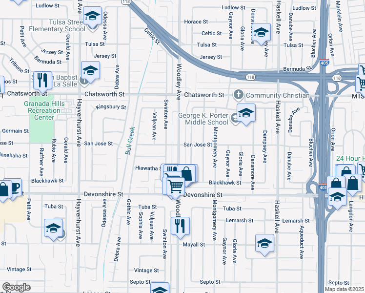 map of restaurants, bars, coffee shops, grocery stores, and more near 10452 Woodley Avenue in Los Angeles