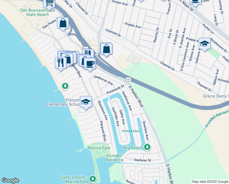 map of restaurants, bars, coffee shops, grocery stores, and more near 988 Peninsula Street in Ventura