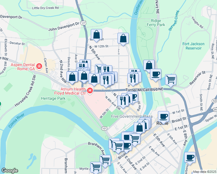 map of restaurants, bars, coffee shops, grocery stores, and more near 502 West 8th Street in Rome