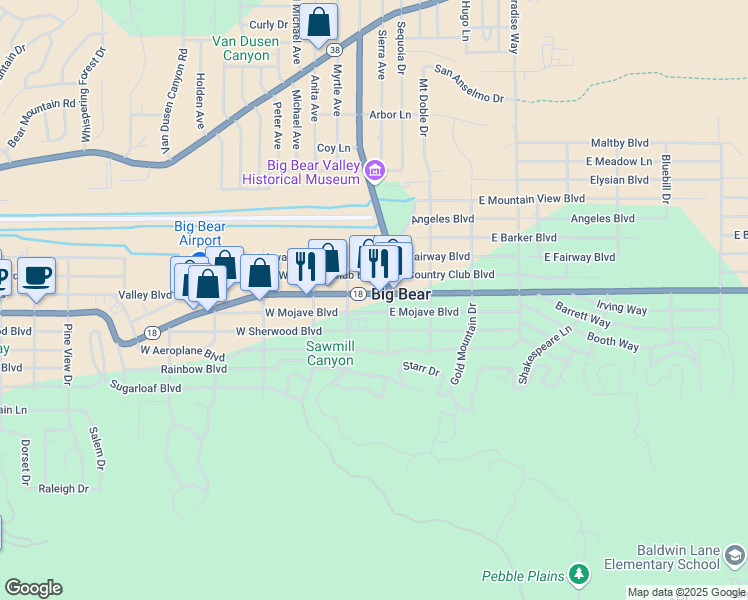 map of restaurants, bars, coffee shops, grocery stores, and more near in Big Bear