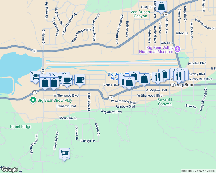 map of restaurants, bars, coffee shops, grocery stores, and more near 634 West Country Club Boulevard in Big Bear