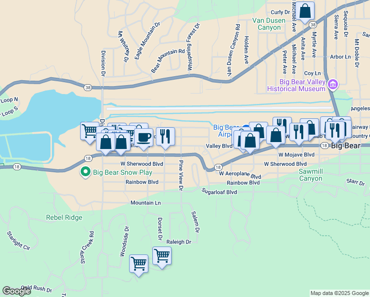 map of restaurants, bars, coffee shops, grocery stores, and more near 746 West Country Club Boulevard in Big Bear