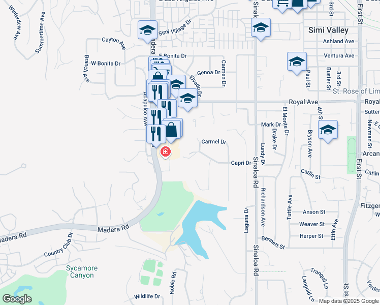 map of restaurants, bars, coffee shops, grocery stores, and more near 1300 Carmel Drive in Simi Valley
