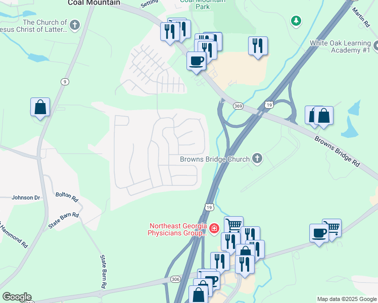 map of restaurants, bars, coffee shops, grocery stores, and more near 5750 Rialto Way in Cumming
