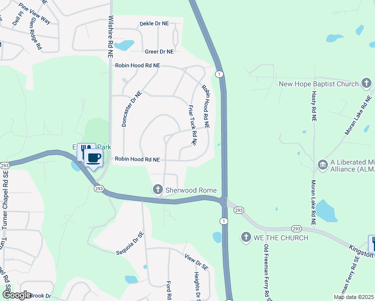 map of restaurants, bars, coffee shops, grocery stores, and more near 6 Friar Tuck Road Northeast in Rome