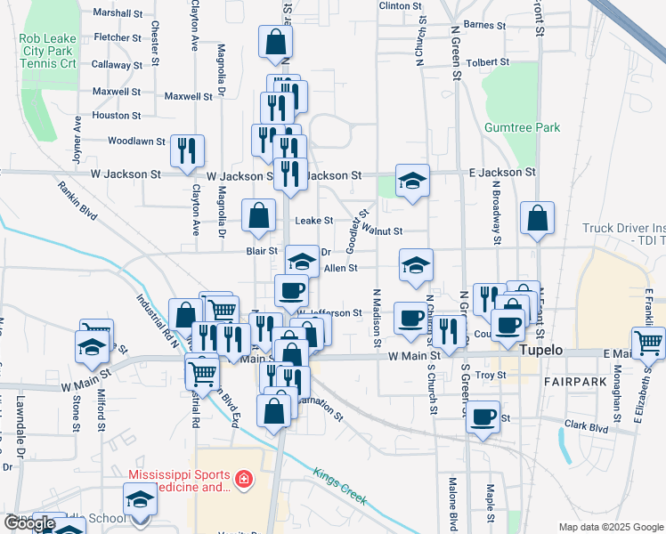 map of restaurants, bars, coffee shops, grocery stores, and more near 411 Goodlett Street in Tupelo