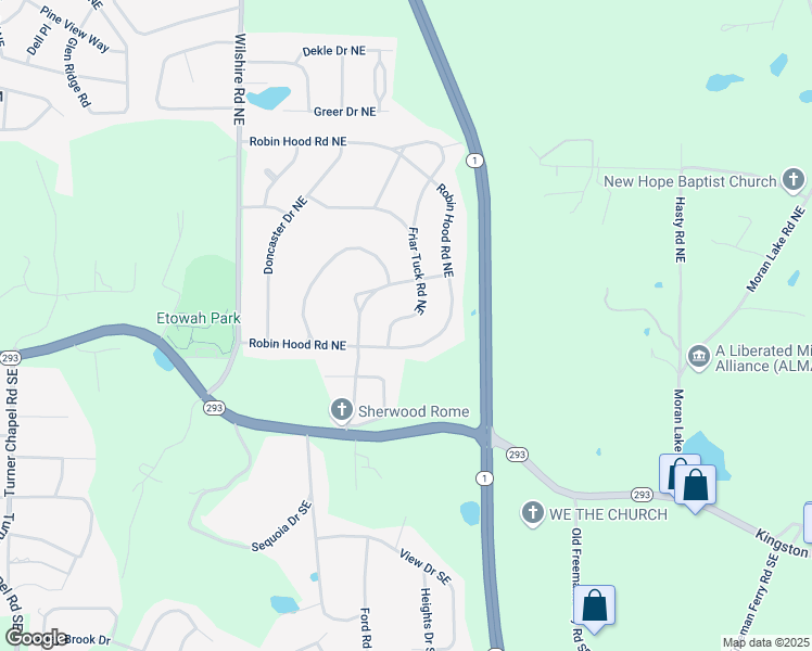 map of restaurants, bars, coffee shops, grocery stores, and more near 6 Friar Tuck Road Northeast in Rome