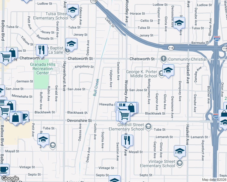map of restaurants, bars, coffee shops, grocery stores, and more near 10514 Valjean Avenue in Los Angeles