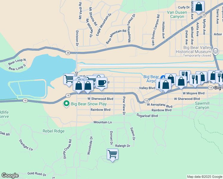 map of restaurants, bars, coffee shops, grocery stores, and more near 906 West Aeroplane Boulevard in Big Bear