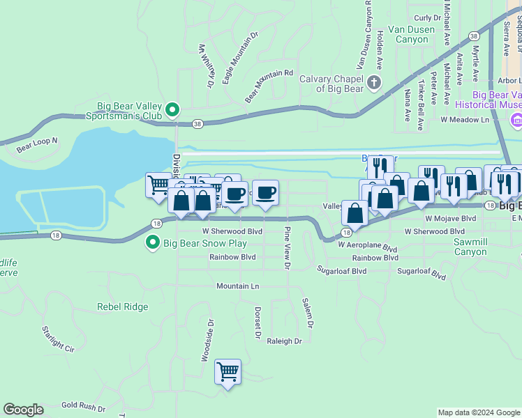 map of restaurants, bars, coffee shops, grocery stores, and more near 900 West Aeroplane Boulevard in Big Bear