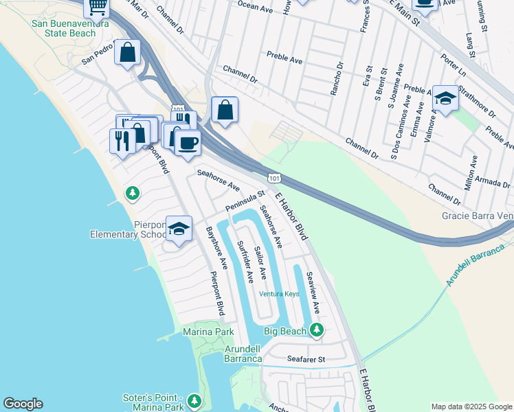 map of restaurants, bars, coffee shops, grocery stores, and more near 2623 Seahorse Avenue in Ventura