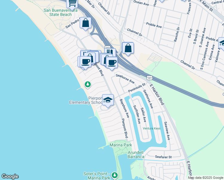 map of restaurants, bars, coffee shops, grocery stores, and more near 2527 Pierpont Boulevard in Ventura