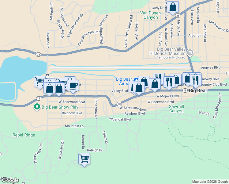 map of restaurants, bars, coffee shops, grocery stores, and more near 632 West Valley Boulevard in Big Bear
