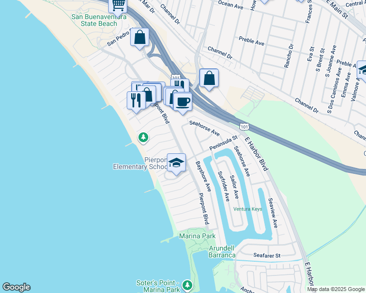 map of restaurants, bars, coffee shops, grocery stores, and more near 2527 Pierpont Boulevard in Ventura