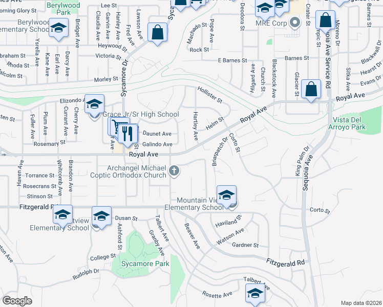 map of restaurants, bars, coffee shops, grocery stores, and more near 2760 Royal Avenue in Simi Valley