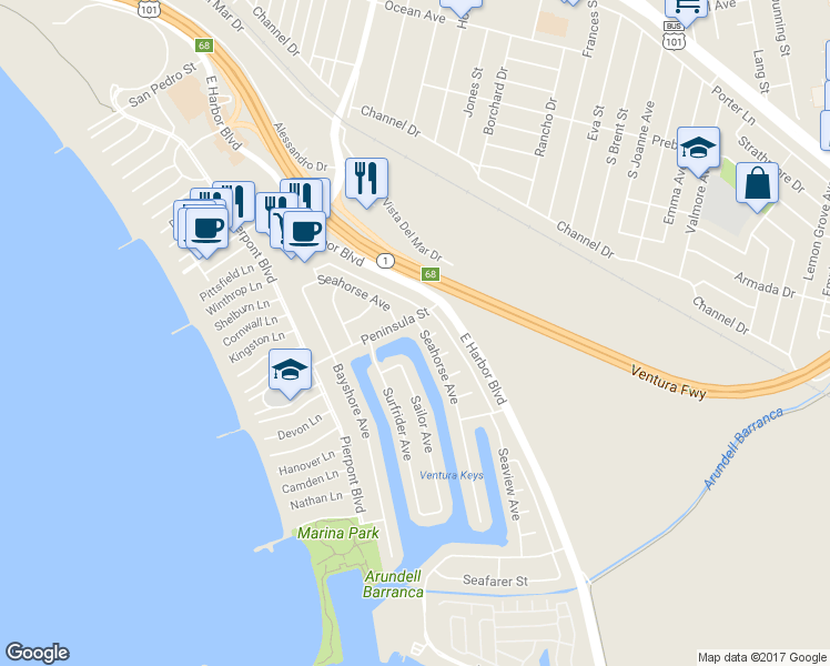 map of restaurants, bars, coffee shops, grocery stores, and more near 2623 Seahorse Avenue in Ventura