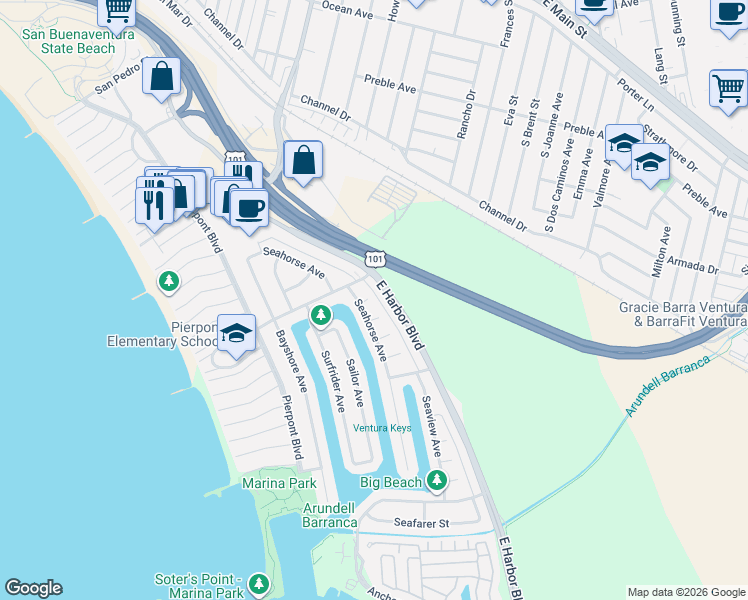 map of restaurants, bars, coffee shops, grocery stores, and more near 906 Seahorse Court in Ventura