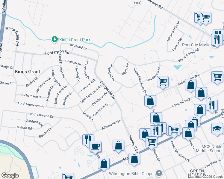 map of restaurants, bars, coffee shops, grocery stores, and more near 6309 Strawfield Drive in Wilmington