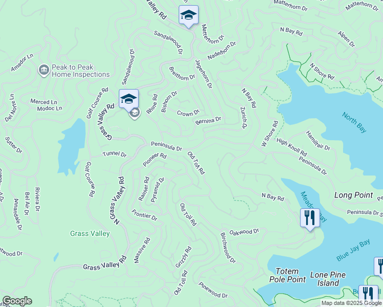 map of restaurants, bars, coffee shops, grocery stores, and more near 607 Old Toll Road in Lake Arrowhead