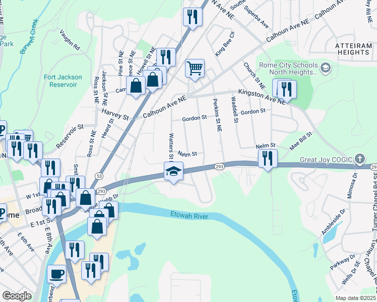 map of restaurants, bars, coffee shops, grocery stores, and more near 1407 Nelm Street in Rome