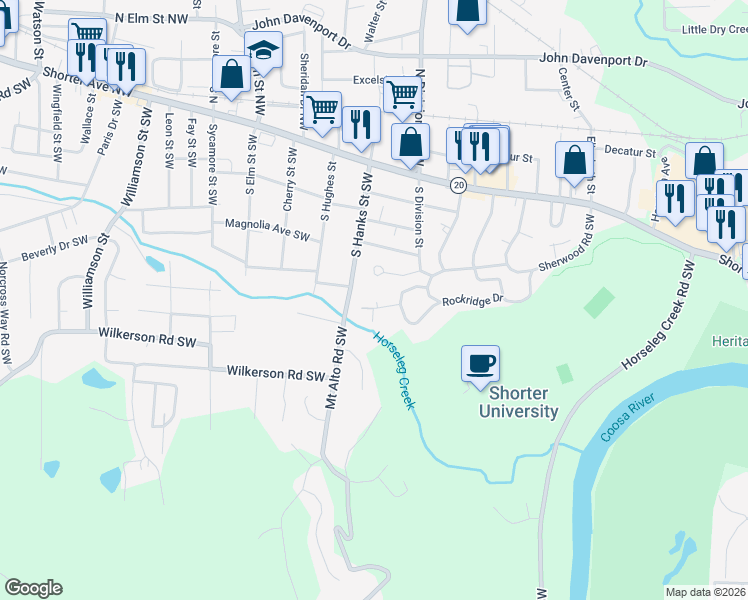 map of restaurants, bars, coffee shops, grocery stores, and more near 11 Berckmans Lane Southwest in Rome