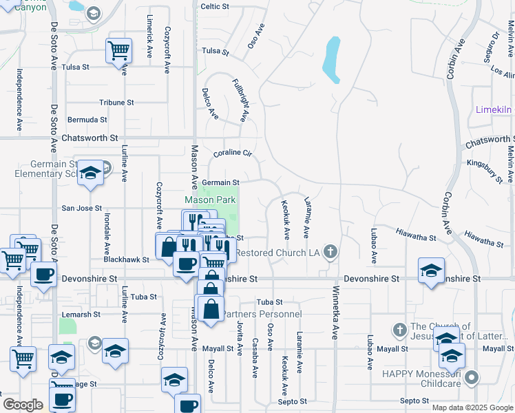 map of restaurants, bars, coffee shops, grocery stores, and more near 20306 Tau Place in Los Angeles