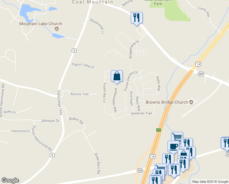 map of restaurants, bars, coffee shops, grocery stores, and more near 4455 Ambassador Way in Cumming