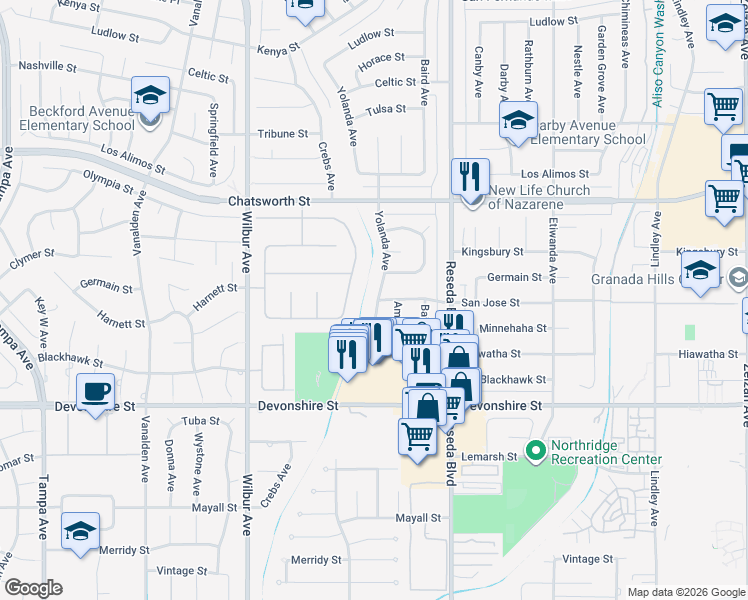 map of restaurants, bars, coffee shops, grocery stores, and more near 10499 Yolanda Avenue in Los Angeles