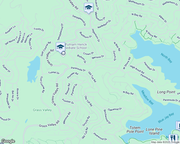map of restaurants, bars, coffee shops, grocery stores, and more near 607 Old Toll Road in Lake Arrowhead