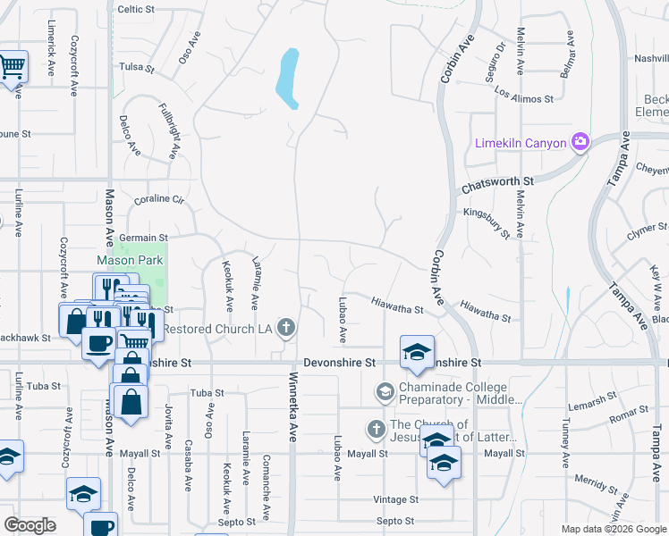 map of restaurants, bars, coffee shops, grocery stores, and more near 20027 Hiawatha Street in Los Angeles