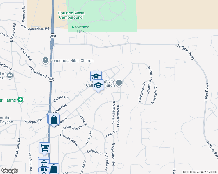map of restaurants, bars, coffee shops, grocery stores, and more near 601 East Rancho Road in Payson