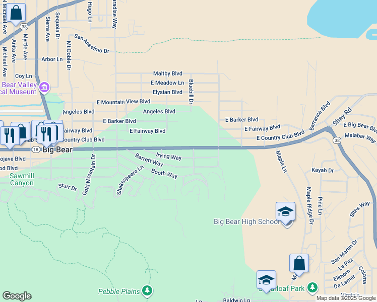 map of restaurants, bars, coffee shops, grocery stores, and more near 660 California 38 in Big Bear