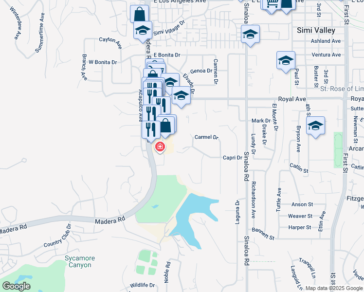 map of restaurants, bars, coffee shops, grocery stores, and more near 1268 Madera Road in Simi Valley