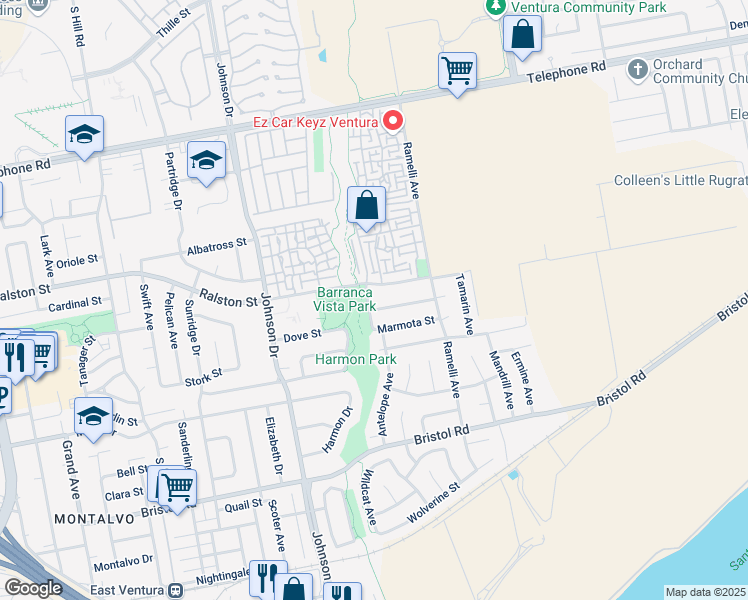 map of restaurants, bars, coffee shops, grocery stores, and more near 7050 Ralston Street in Ventura