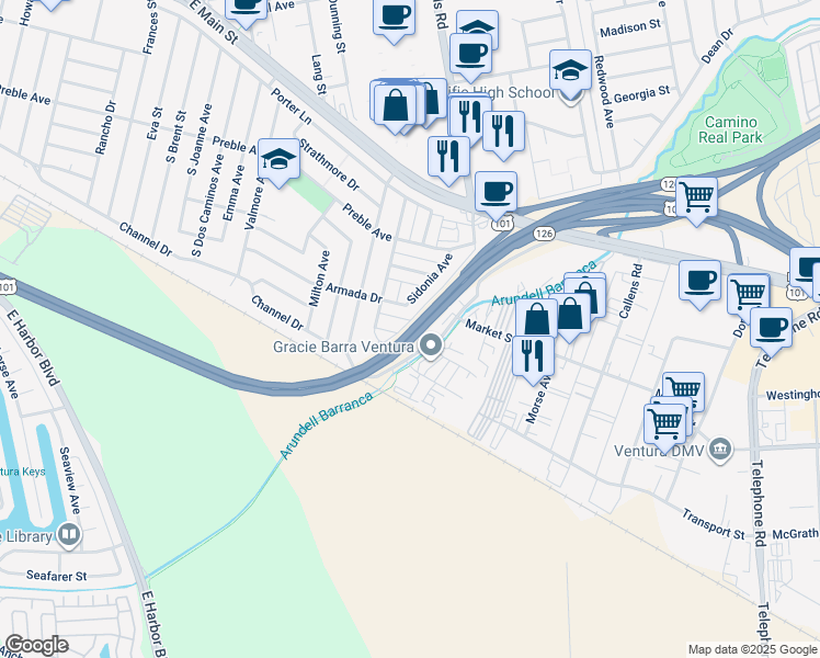 map of restaurants, bars, coffee shops, grocery stores, and more near 3398 Armada Drive in Ventura
