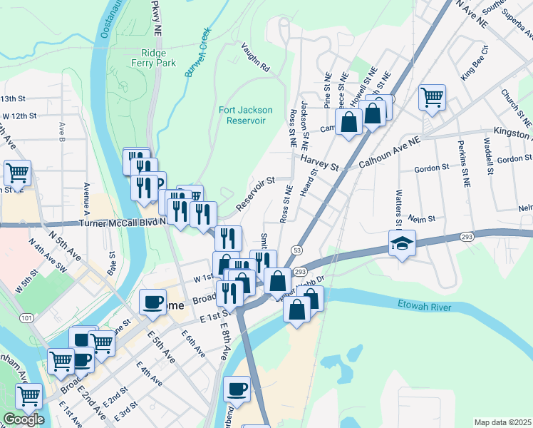 map of restaurants, bars, coffee shops, grocery stores, and more near 214 Smith Street Northeast in Rome