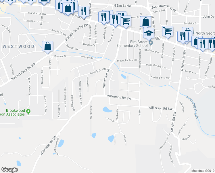 map of restaurants, bars, coffee shops, grocery stores, and more near 123 Williamson Street Southwest in Rome